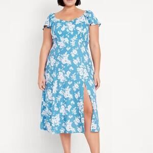 Flutter Sleeve Crepe Midi Dress, Blue and White Floral, Size XXL